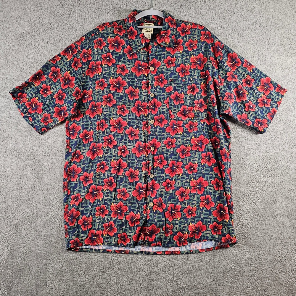 Morro Bay Mens‎ Medium Red Hibiscus Floral Hawaiian Shirt Blue Viscose Button Up
